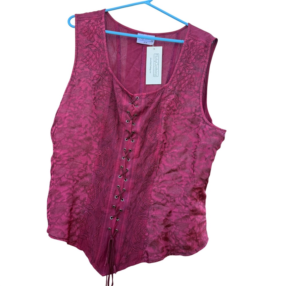 HolyClothing Bodice Top Womens 2X Burgundy Lace Up Embroidery Renaissance Boho